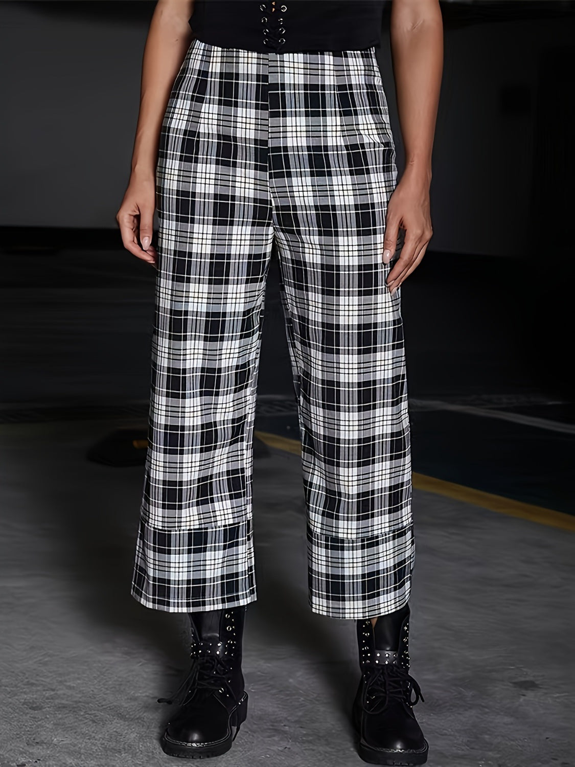 Full Size Plaid High Waist Pants Plaid