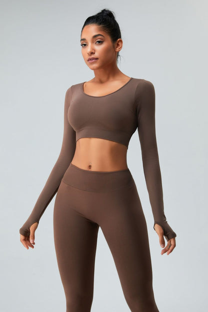 Cutout Round Neck Long Sleeve Active T-Shirt Brown