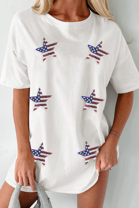 US Flag Star Round Neck Half Sleeve Oversize T-Shirt White