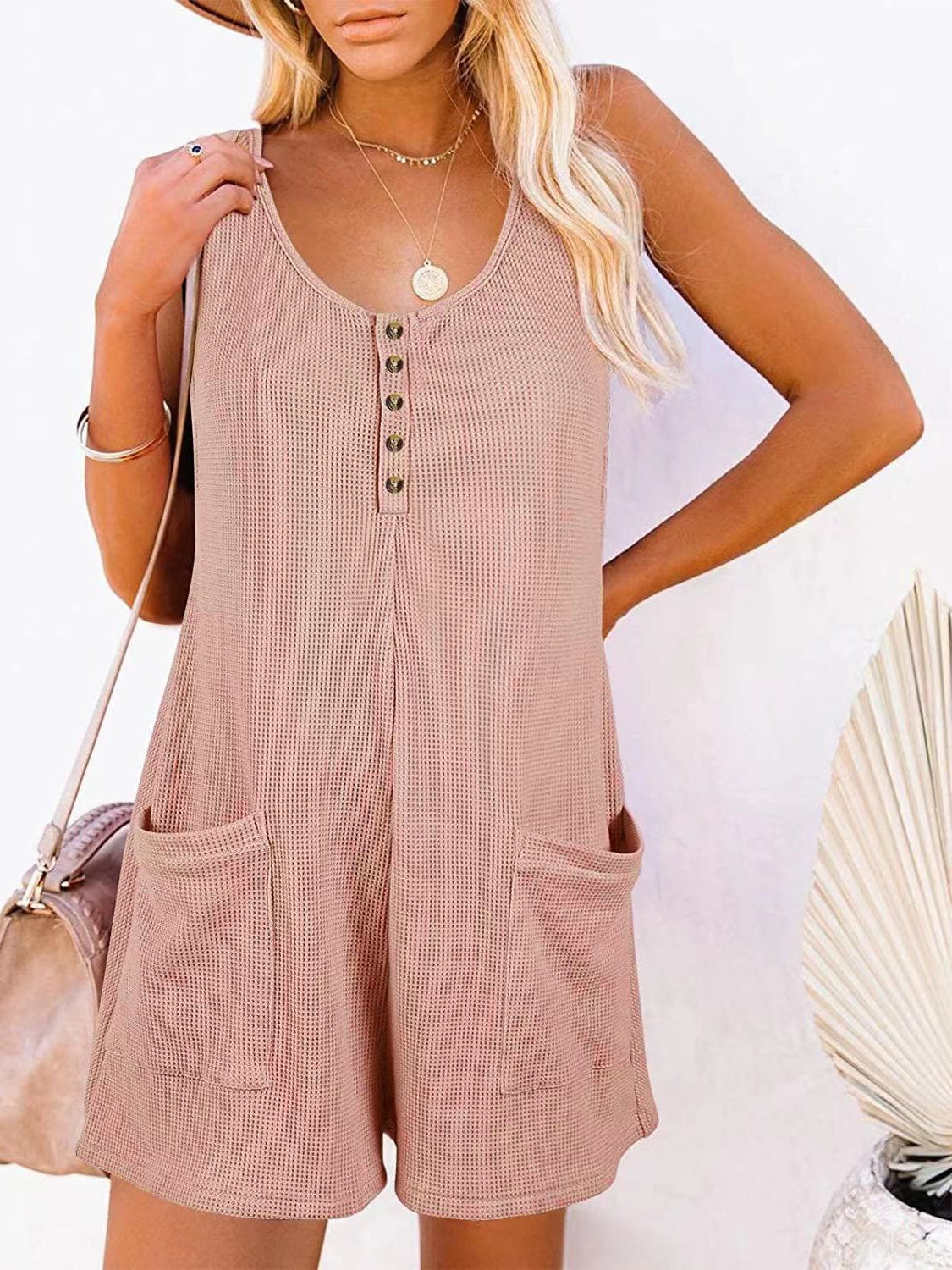 Button Front Sleeveless Romper with Pockets Pale Blush
