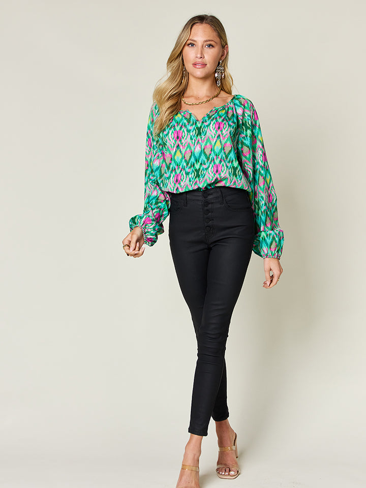 Opaque Printed Balloon Sleeve Top