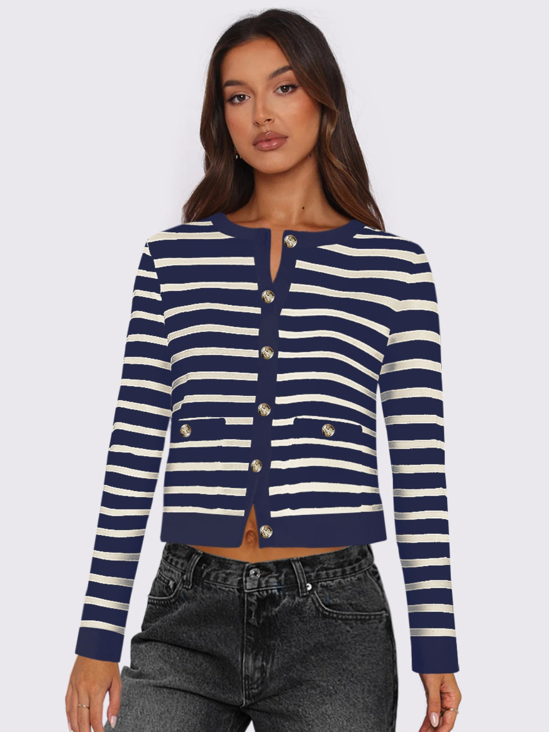 Striped Round Neck Button Up Long Sleeve Cardigan Navy