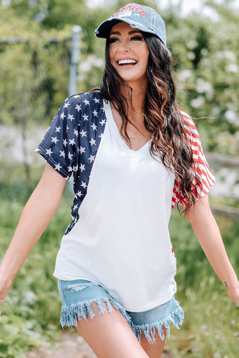 American Flag Relaxed V-Neck Tee White