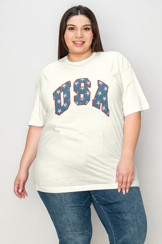 Simply Love Full Size USA Letter Graphic Short Sleeve T-Shirt Cream