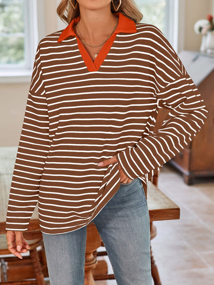 Lovelet Striped Johnny Collar Long Sleeve T-Shirt Brown