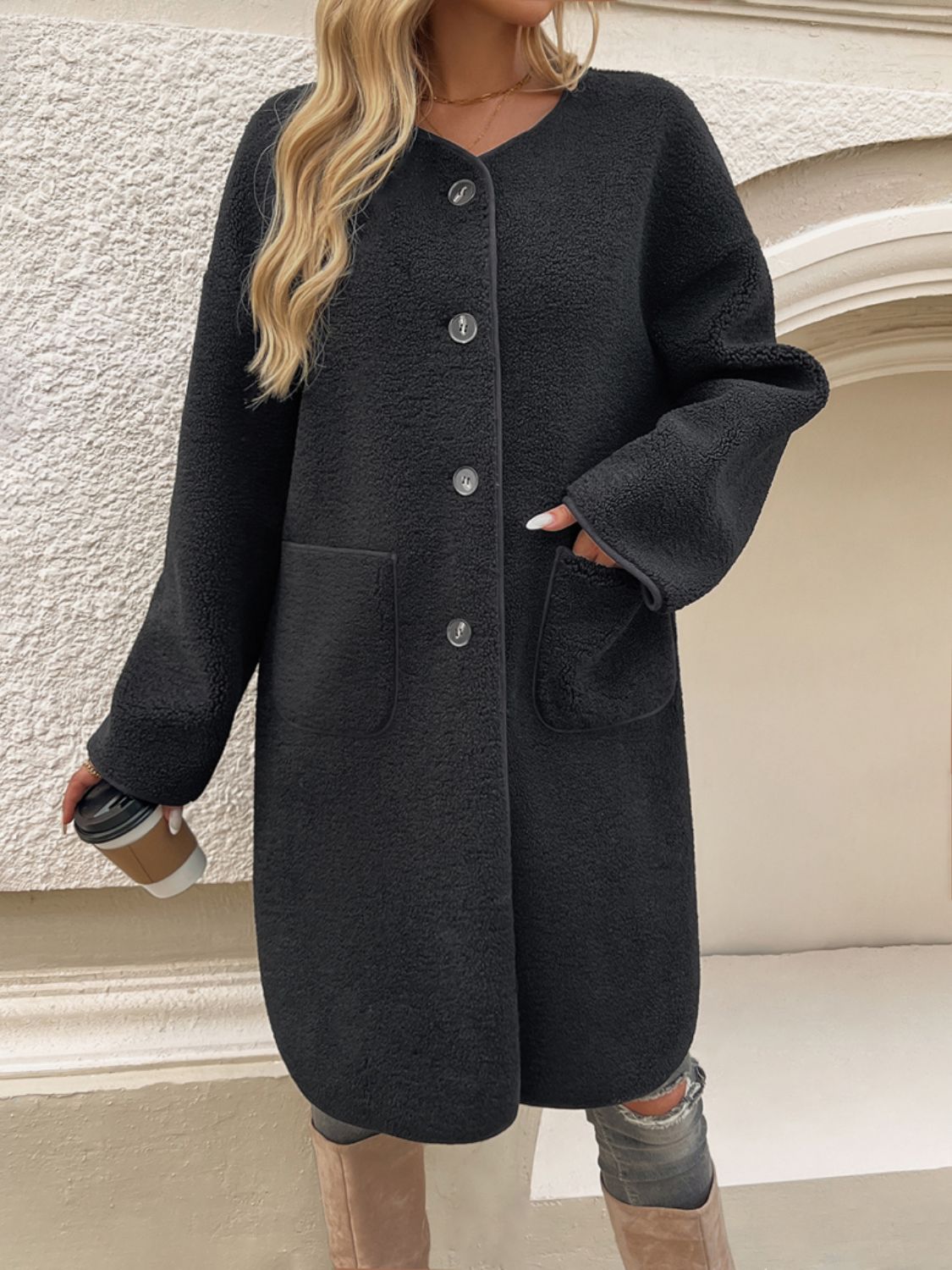 Devine Button Up Long Sleeve Coat Black