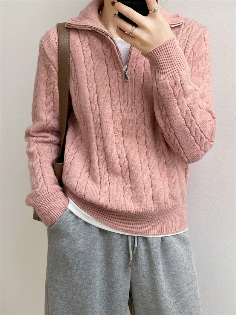 Cable-Knit Half Zip Long Sleeve Sweater Dusty Pink One Size