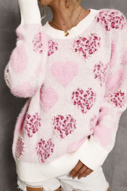 Pearl Detail Heart Round Neck Sweater Blush Pink