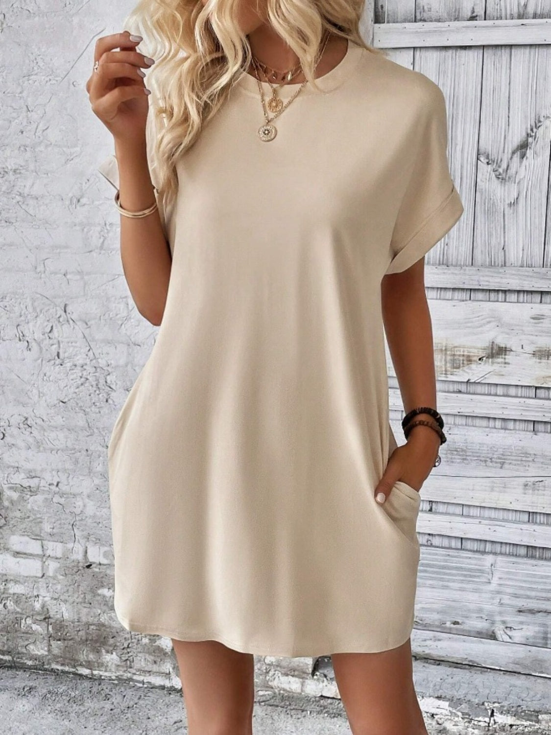 Casual Pocketed Round Neck Tee Dress Sand