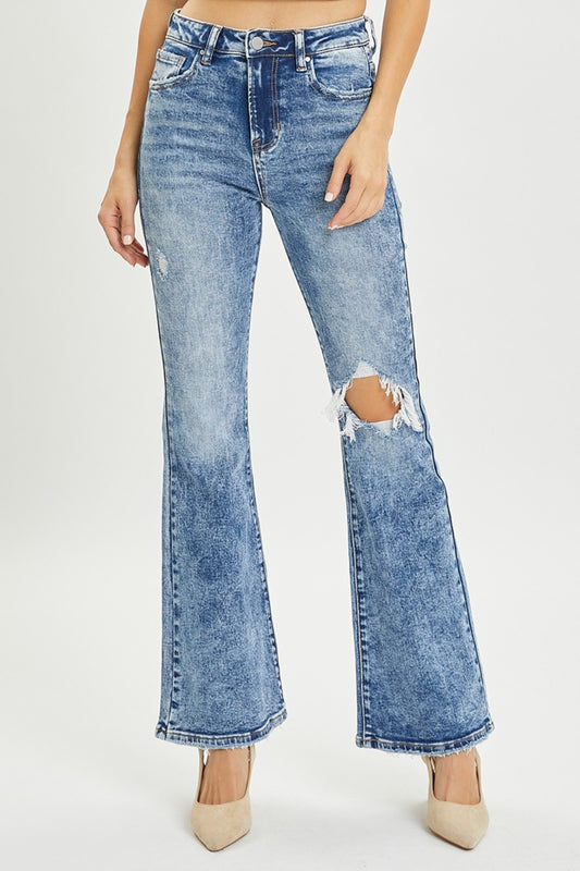 RISEN Full Size High Rise Distressed Flare Jeans Acid Medium