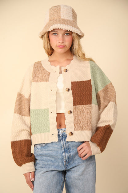 VERY J Color Block Button Down Textured Sweater Cardigan Oatmeal