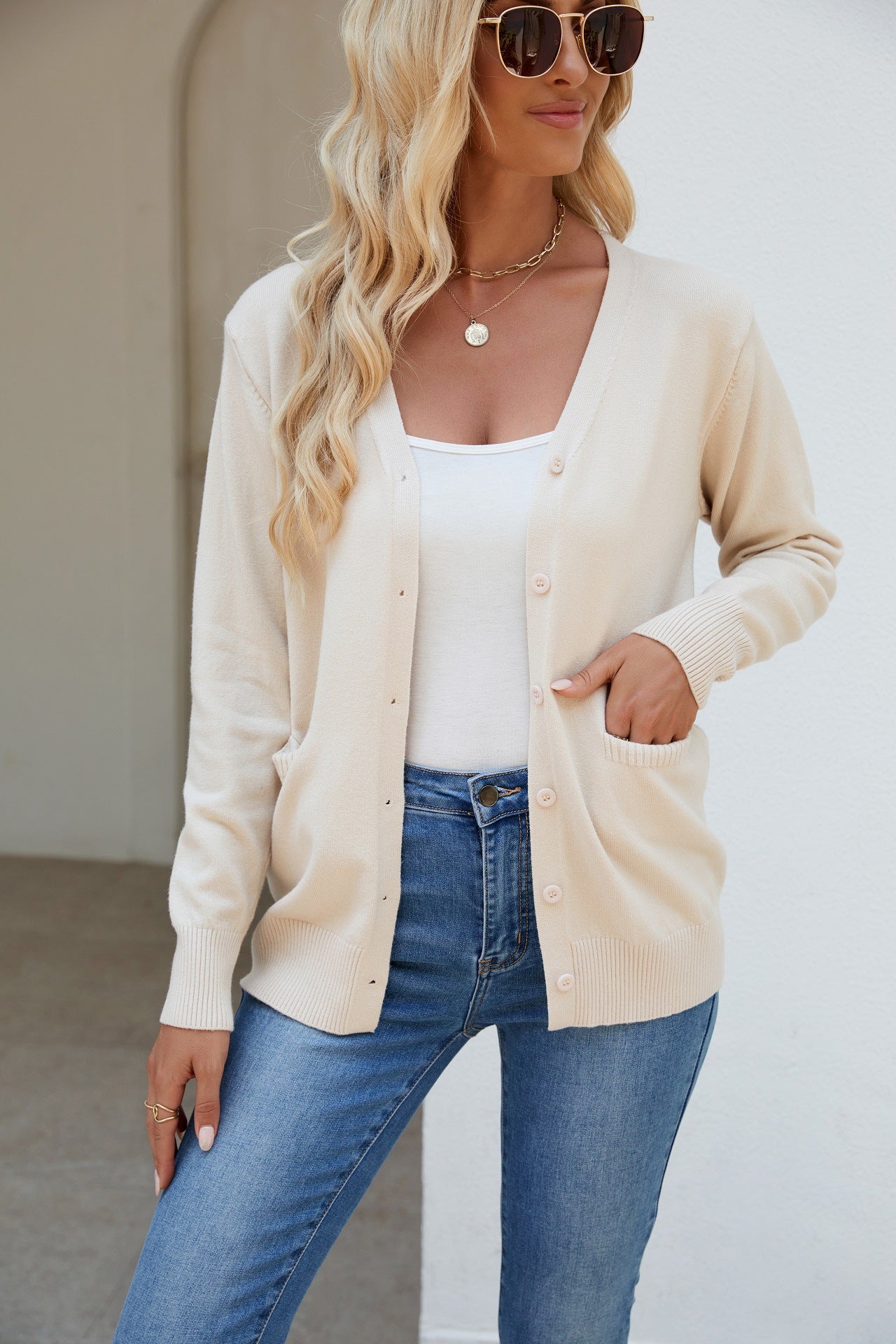 Pocketed V-Neck Button Up Long Sleeve Cardigan