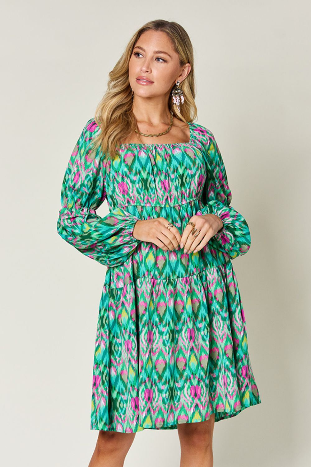 Printed Long Sleeve Smocked Dress Mid Green