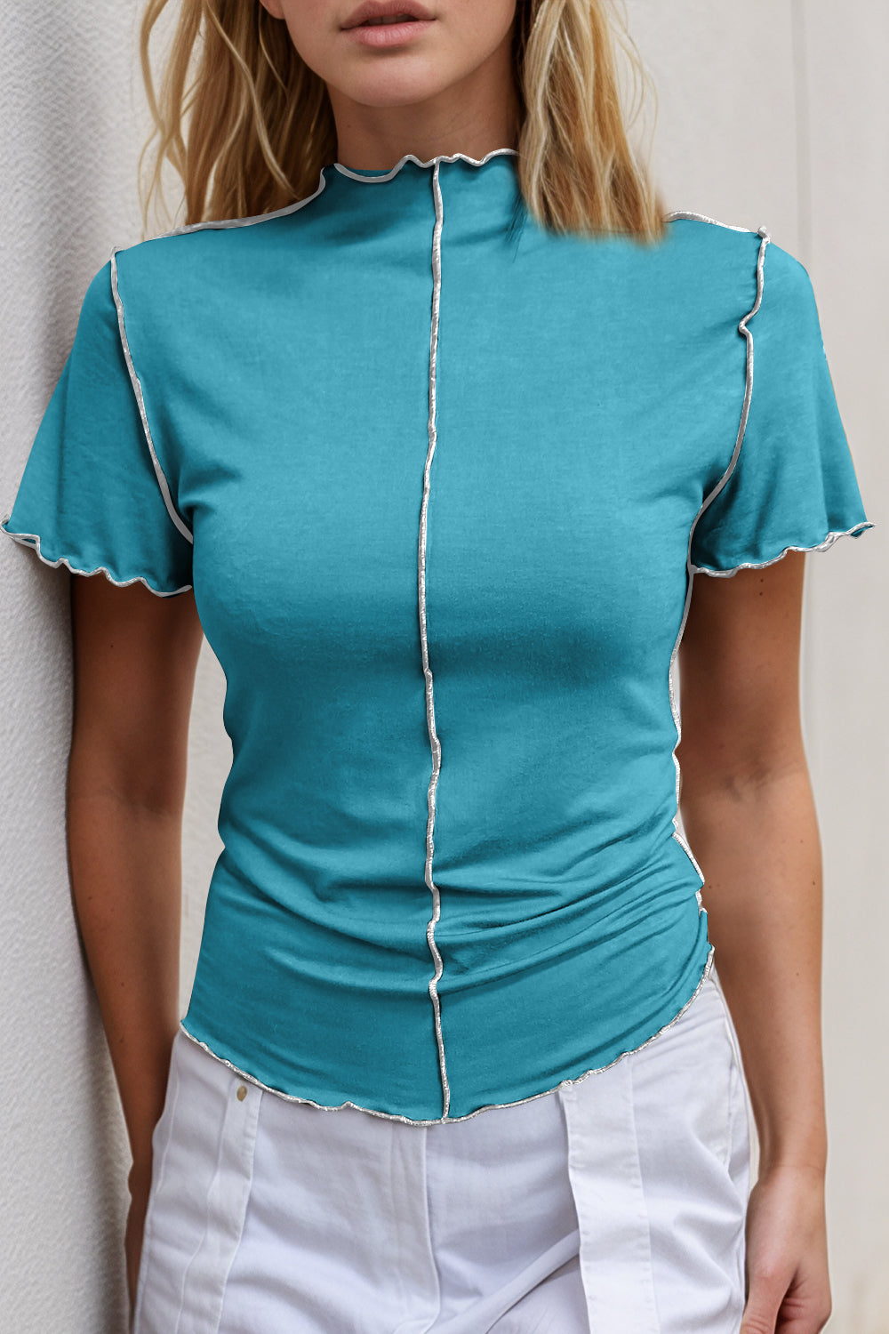 Basic Bae Contrast Trim Mock Neck Short Sleeve T-Shirt Pastel Blue