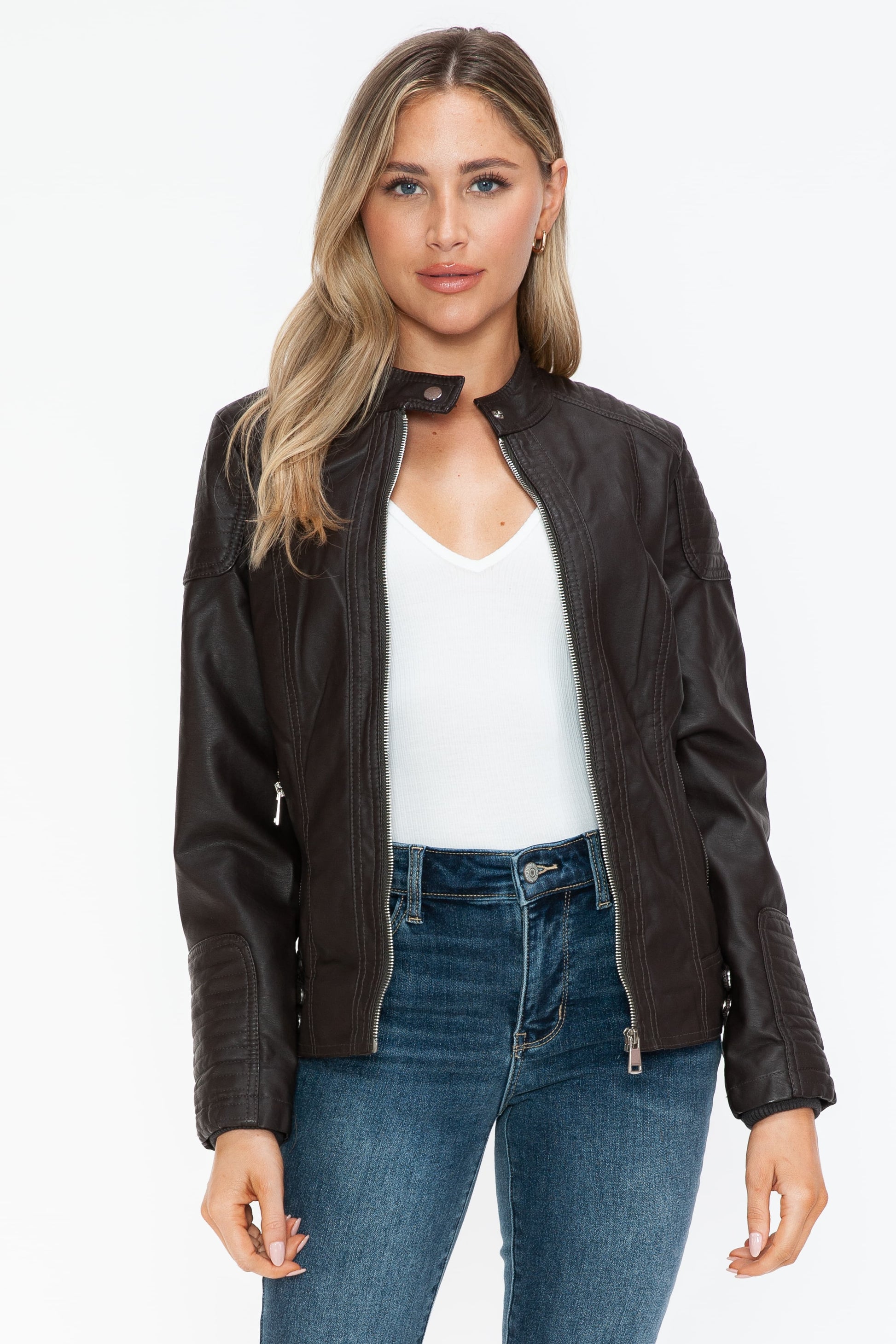 Snobbish Faux Leather Biker Jacket with Side Zip Pockets Chocolate