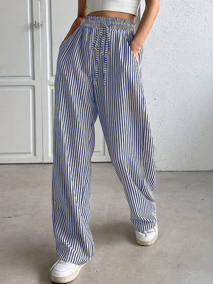 Drawstring Striped Elastic Waist Pants Blue