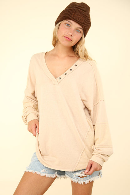 VERY J Washed V-Neck Exposed Seam Knit Top Beige