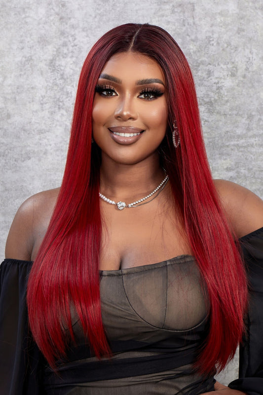 26" Long Straight Lace Front Wig Red Ombre One Size