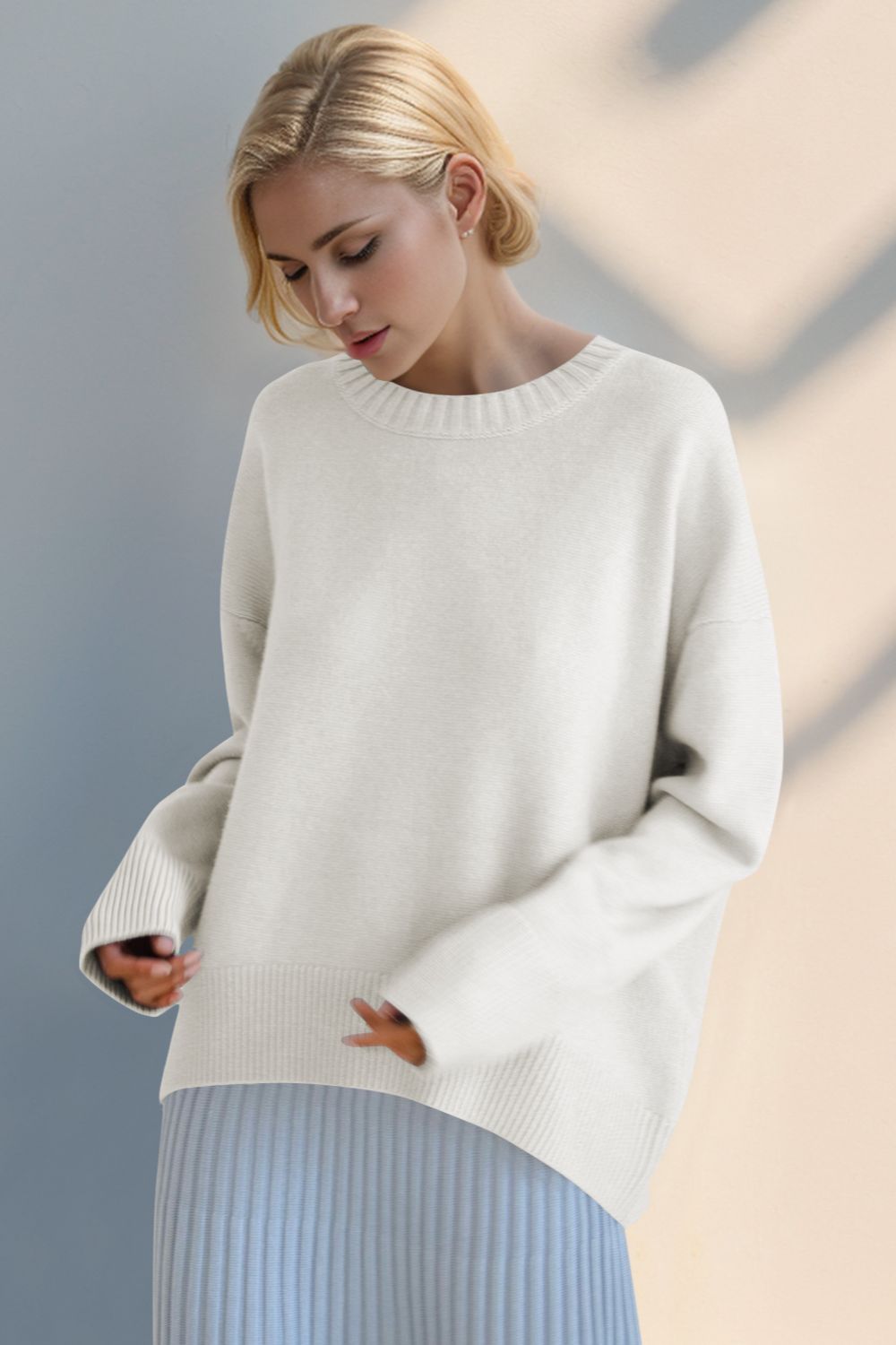 Basic Bae Round Neck Dropped Shoulder Sweater White One Size