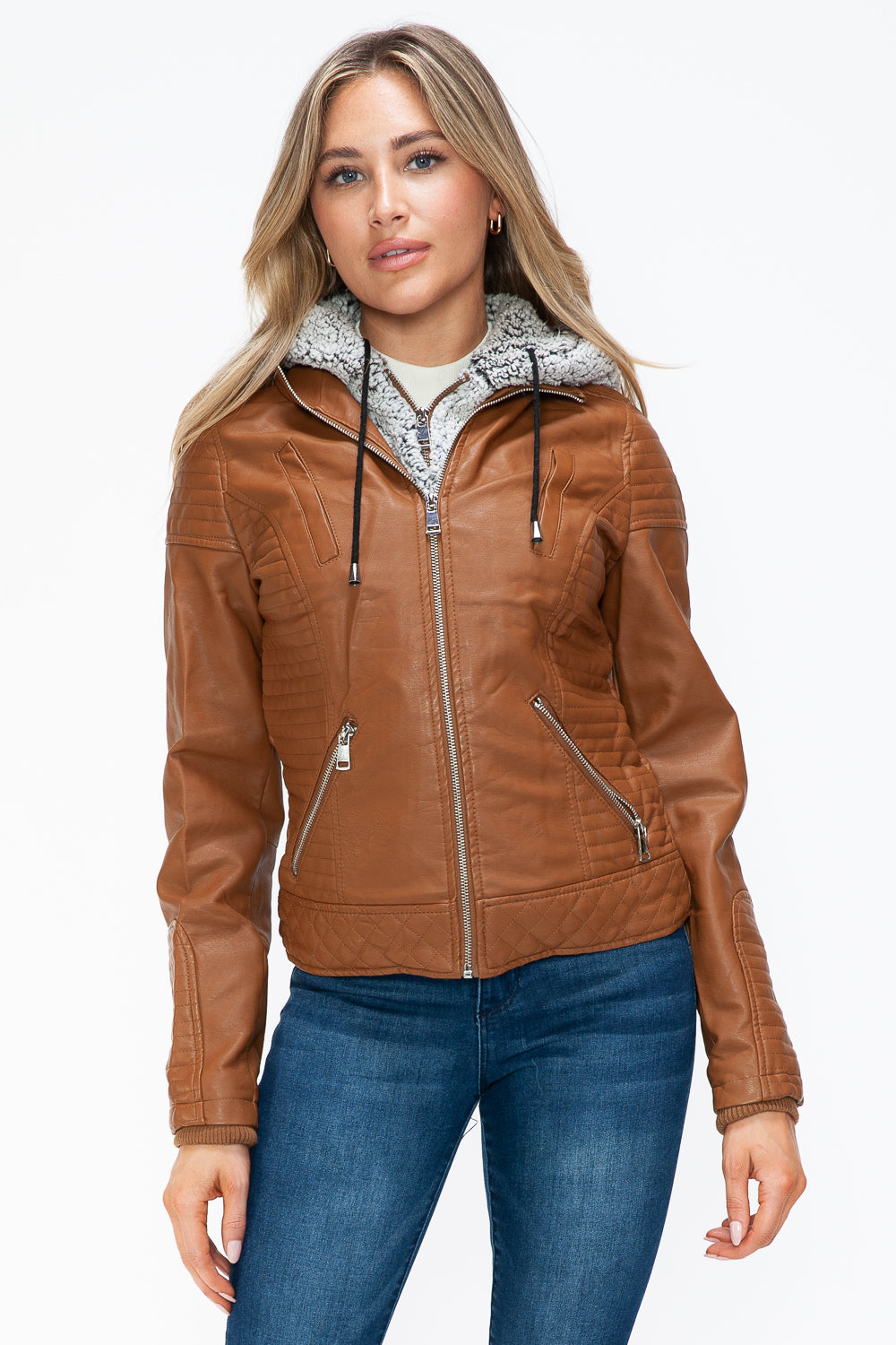 YMI Faux Layered Double-Zipper Jacket with Fuzzy Hood Camel