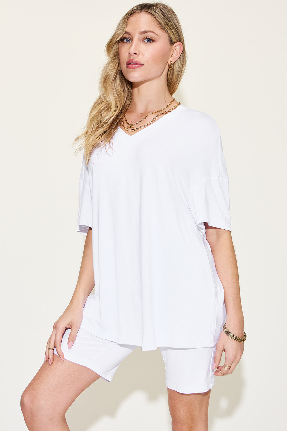 Relaxed Fit Rayon V-Neck Tee & Shorts Set White