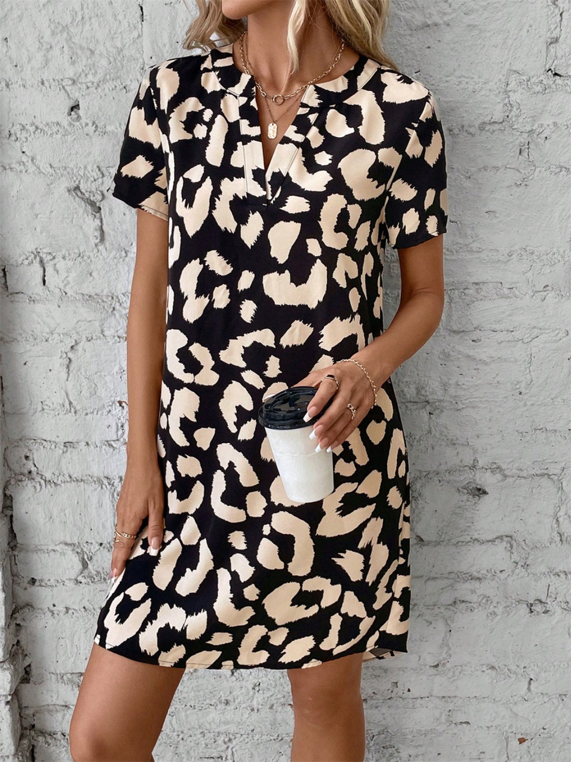 Printed Notched Short Sleeve Mini Dress Black