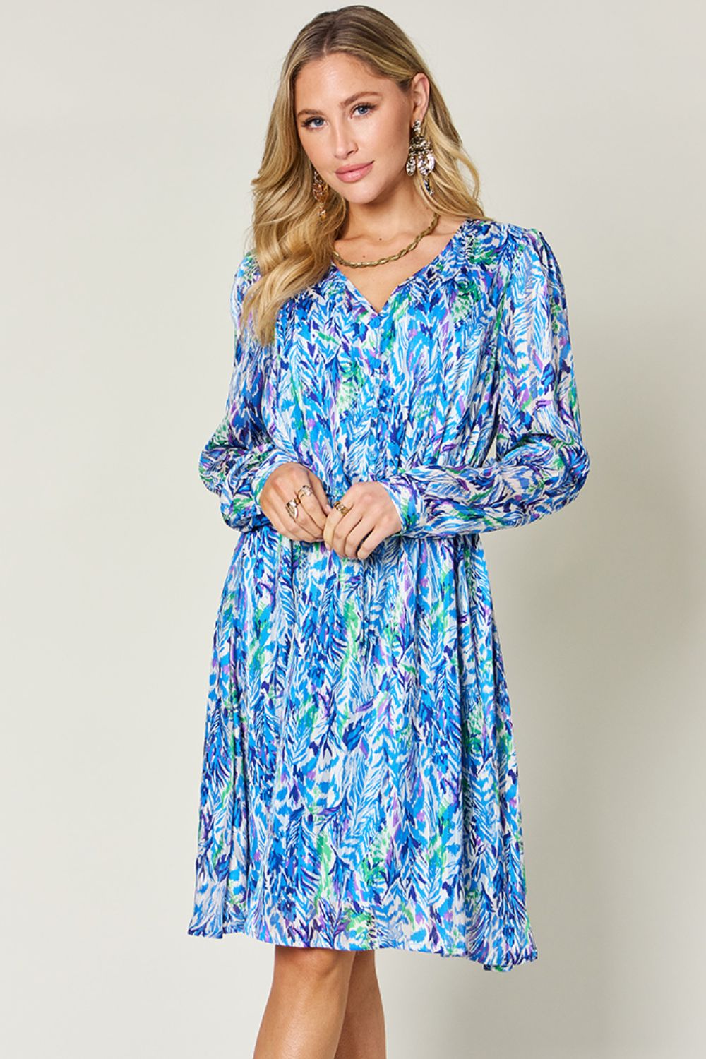 Printed Long Sleeve Drawstring Dress Ultra marine