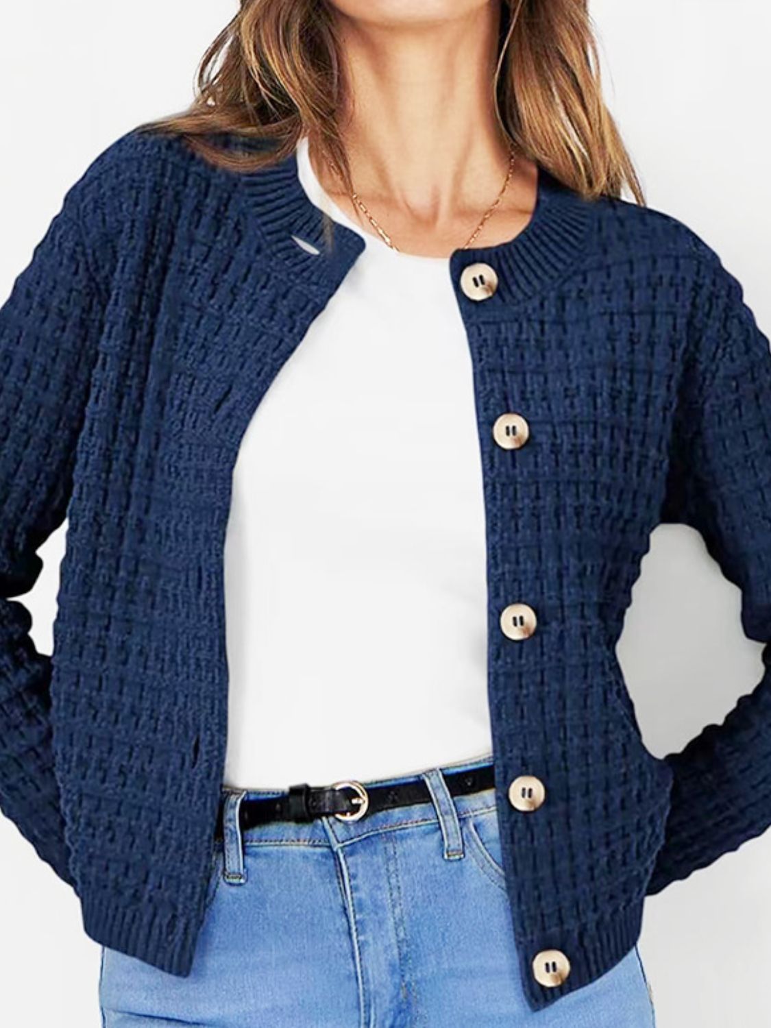 Button Up Round Neck Long Sleeve Cardigan Navy