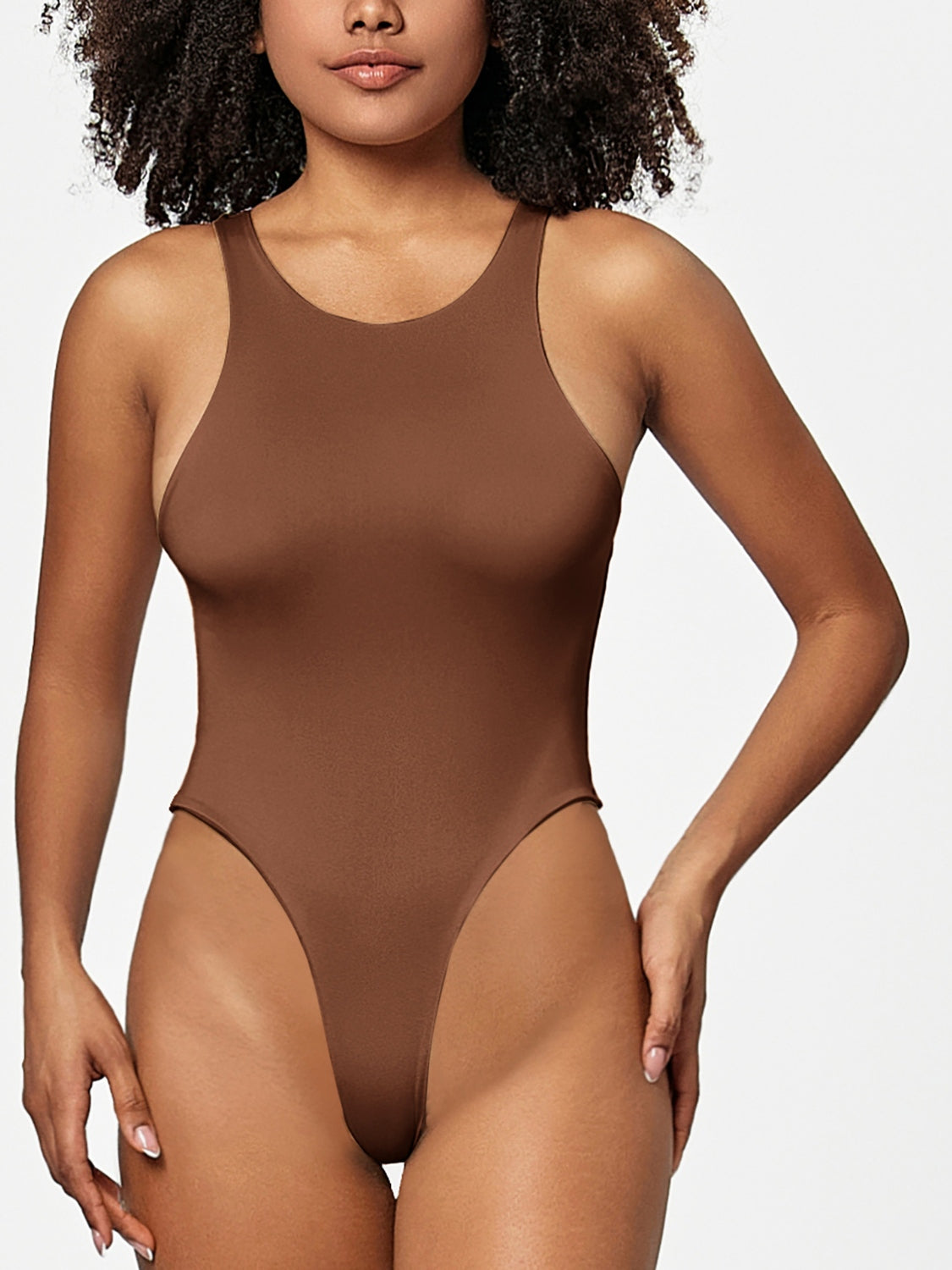 Full Size Round Neck Wide Strap Bodysuit Brown