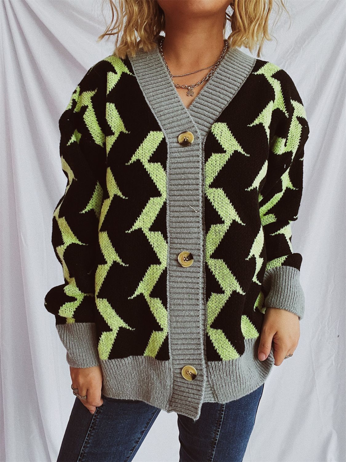 Contrast Trim Geometric V-Neck Long Sleeve Cardigan Green One Size