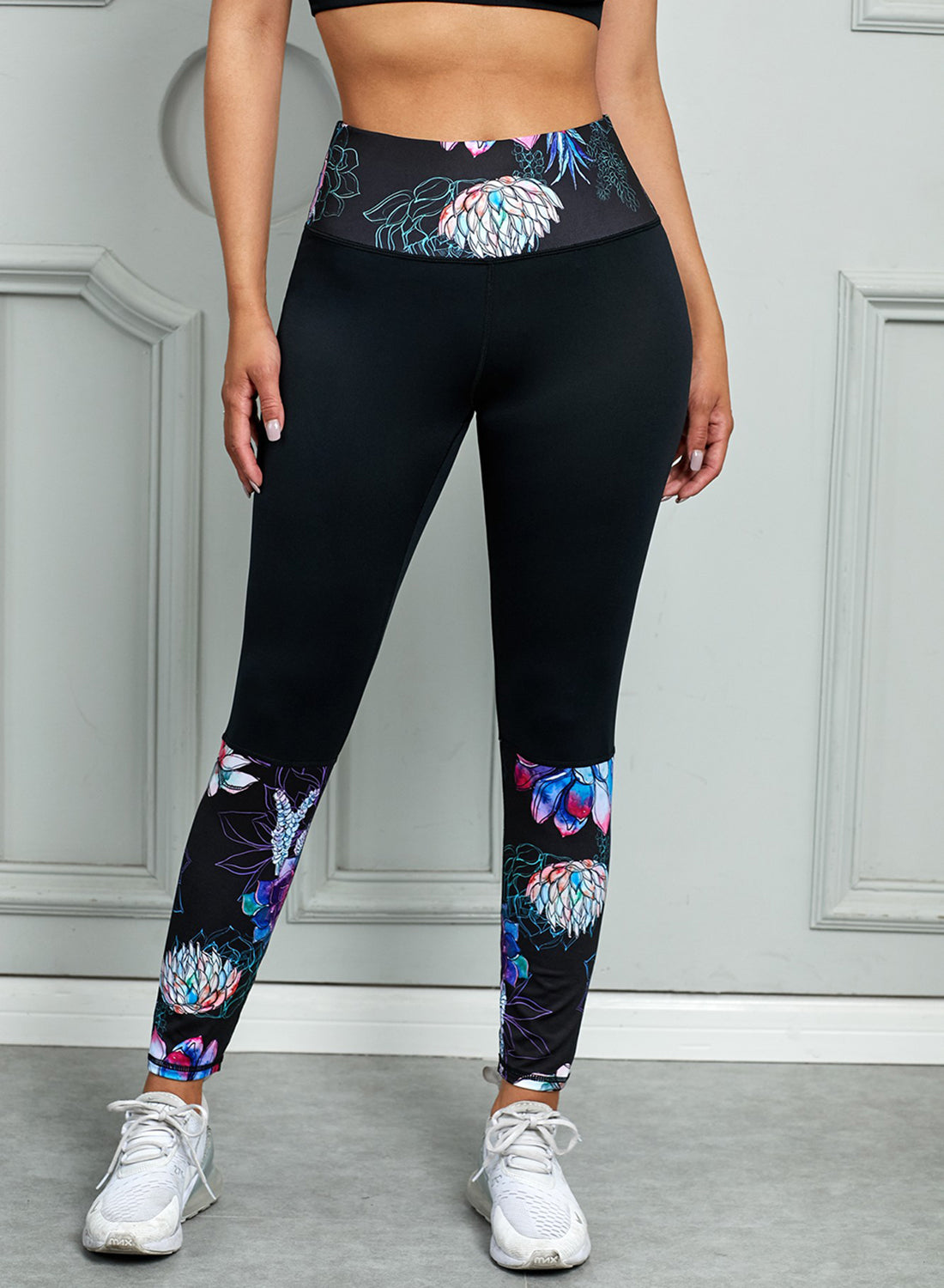 Printed Wide Waistband Active Leggings Black