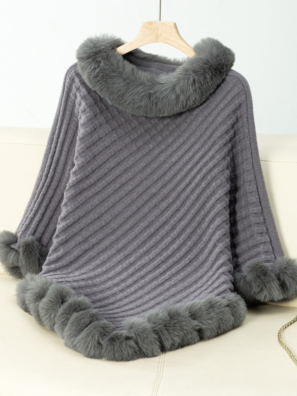 Fuzzy Trim Texture Three-Quarter Sleeve Poncho Dark Gray One Size