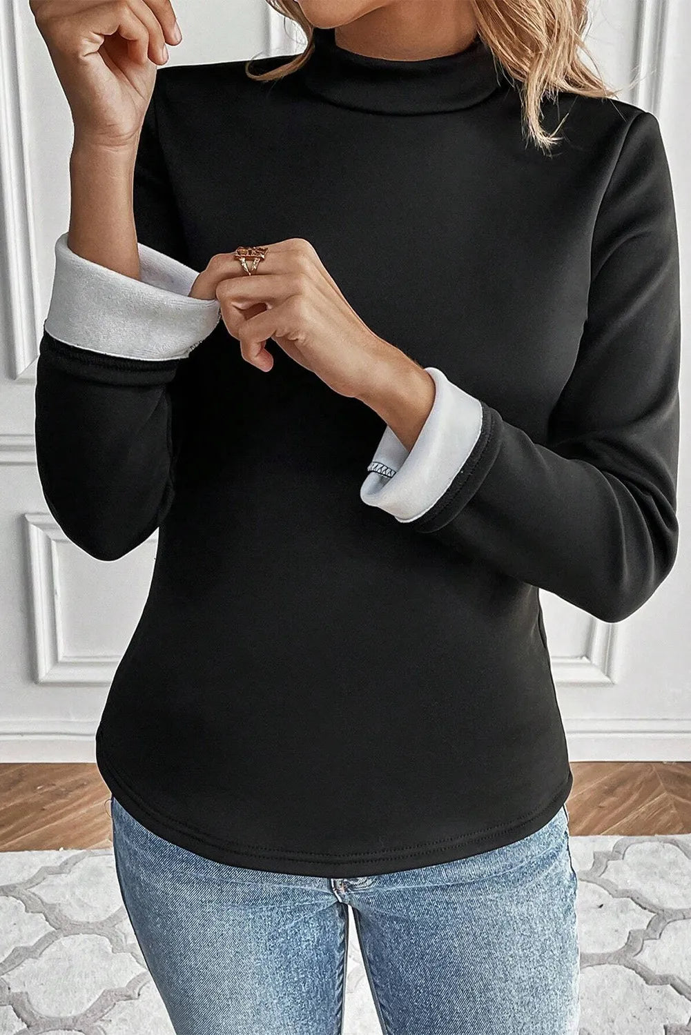 Thermal Lined Mock Neck Long Sleeve Blouse Black