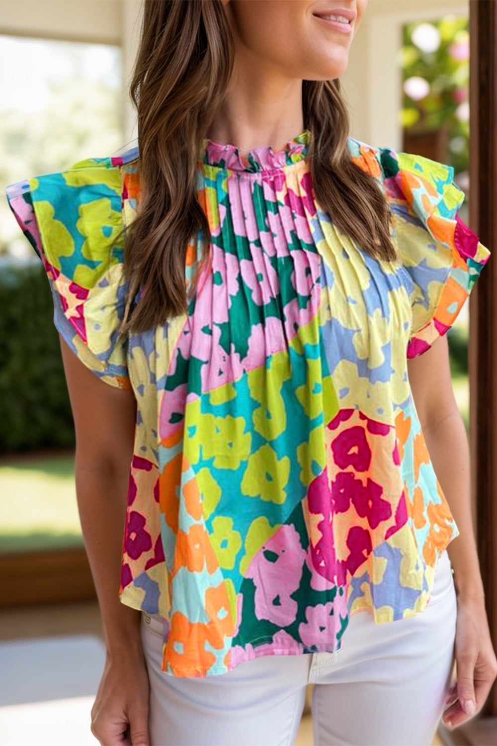 Ruffled Printed Mock Neck Cap Sleeve Blouse Floral