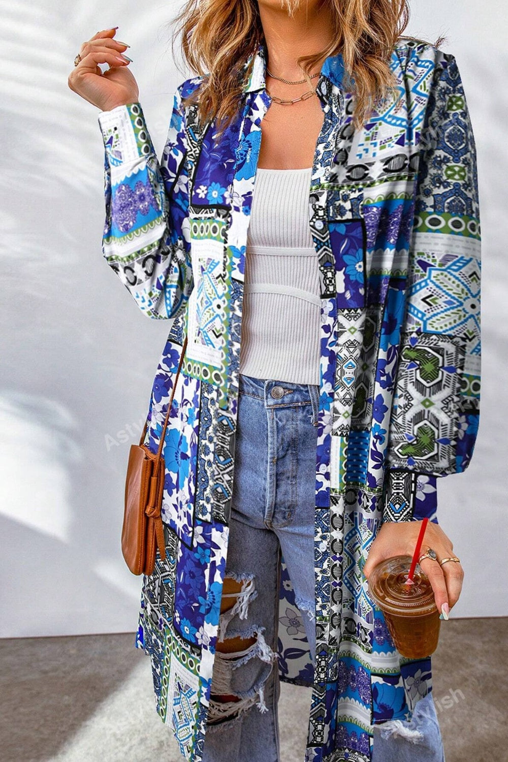 Printed Button Up Long Sleeve Cardigan Royal Blue