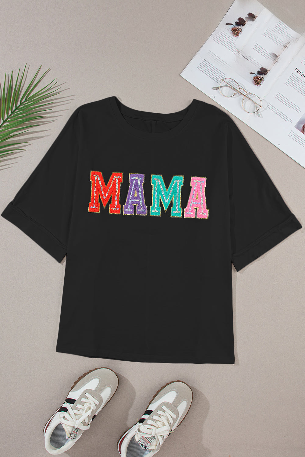 Mama Graphic Tee with Sequins Black