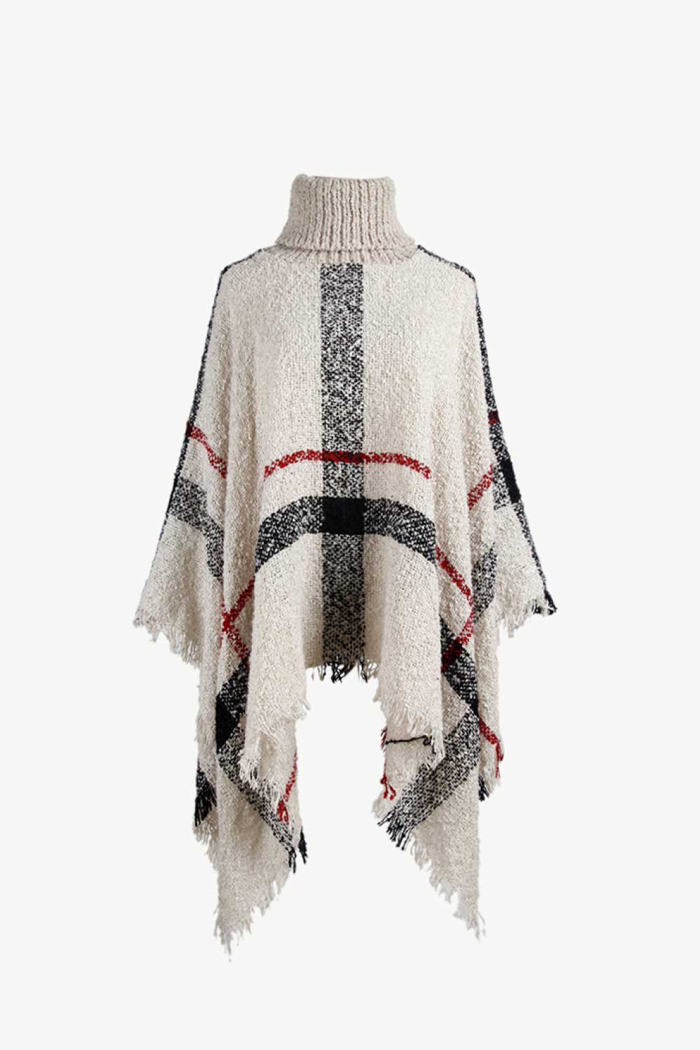 Plaid Turtleneck Raw Hem Poncho Beige One Size