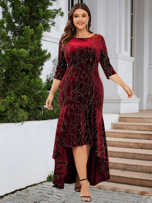 Plus Size Ruffle Hem High-Low Dress Burgundy