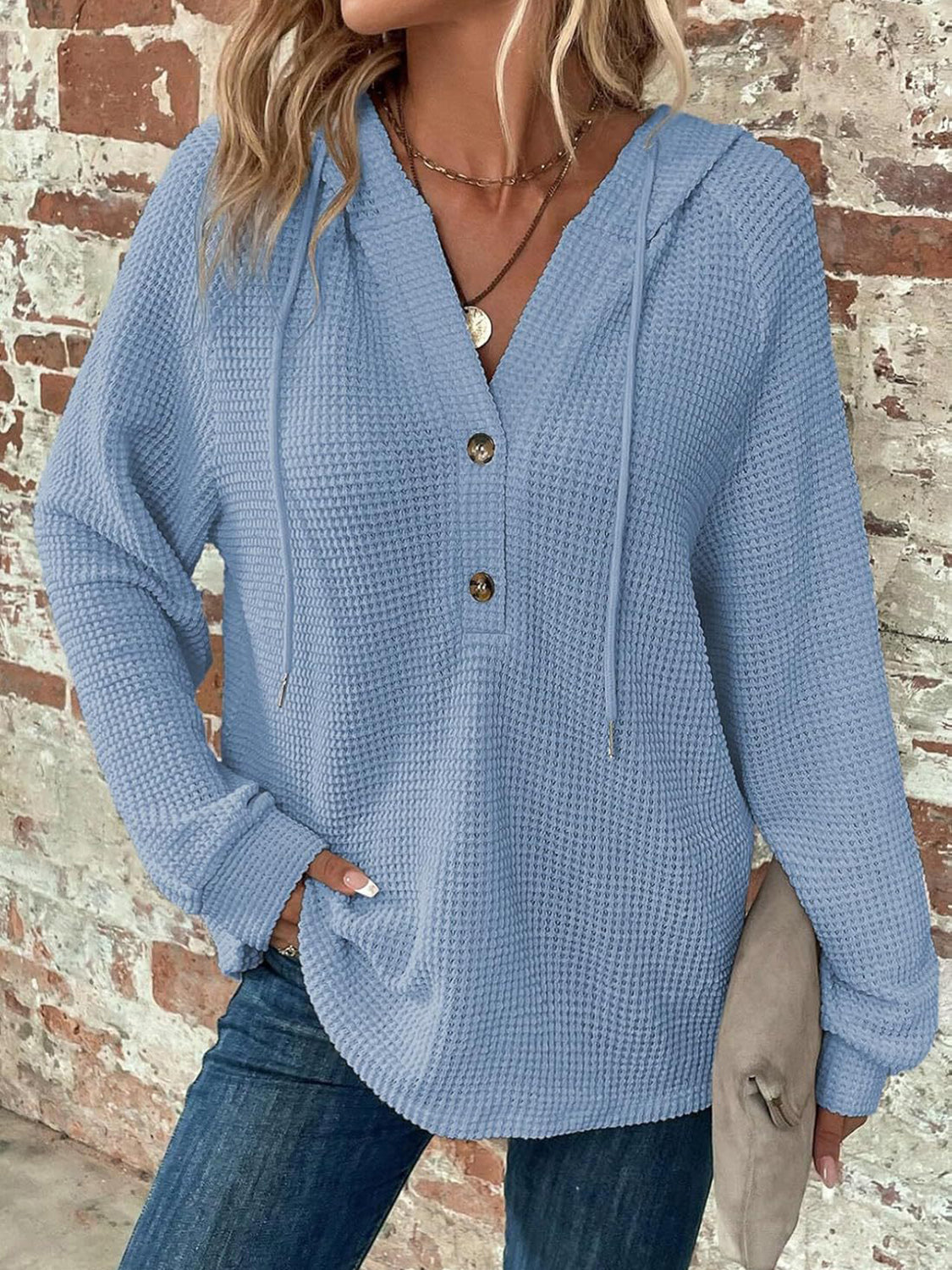 Waffle Knit Long Sleeve Drawstring Hooded Top Light Blue