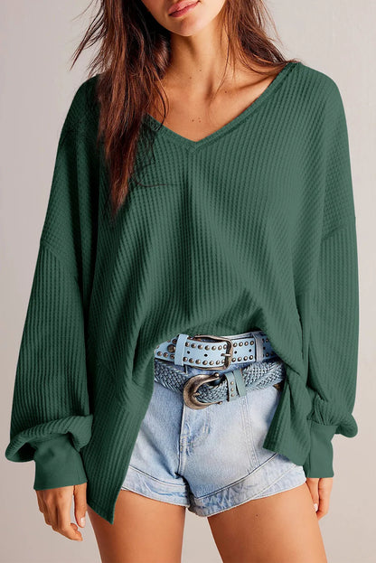 Trendy Waffle Knit Back-to-School Top Dark Green