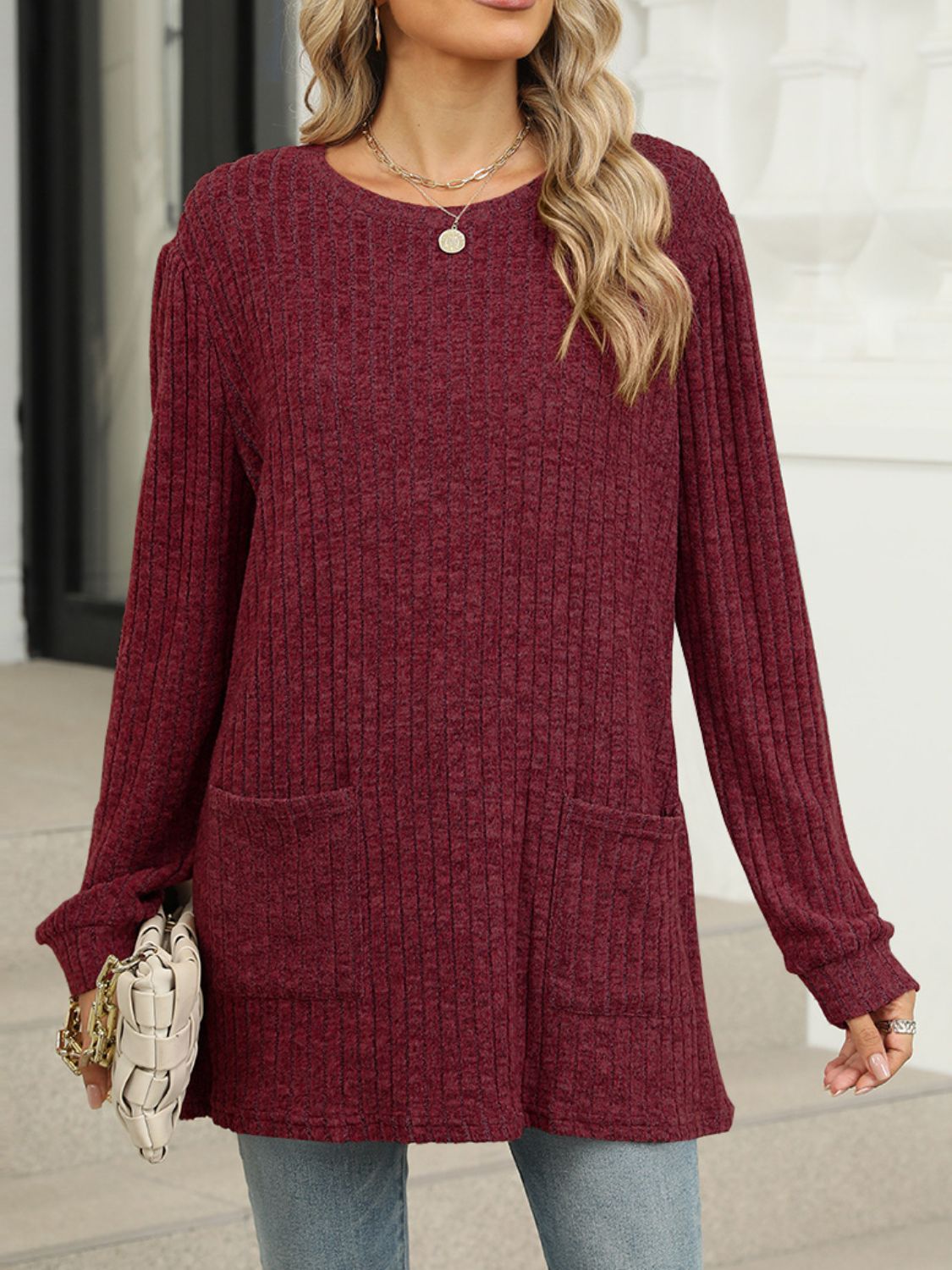 Pocketed Round Neck Long Sleeve T-Shirt Burgundy