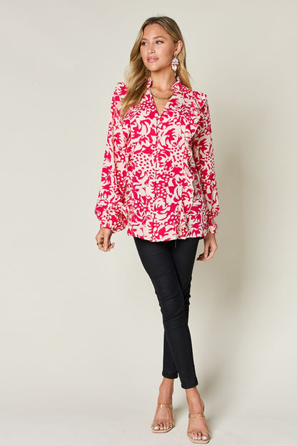 Printed Ruffle Balloon Sleeve Button-Down Top