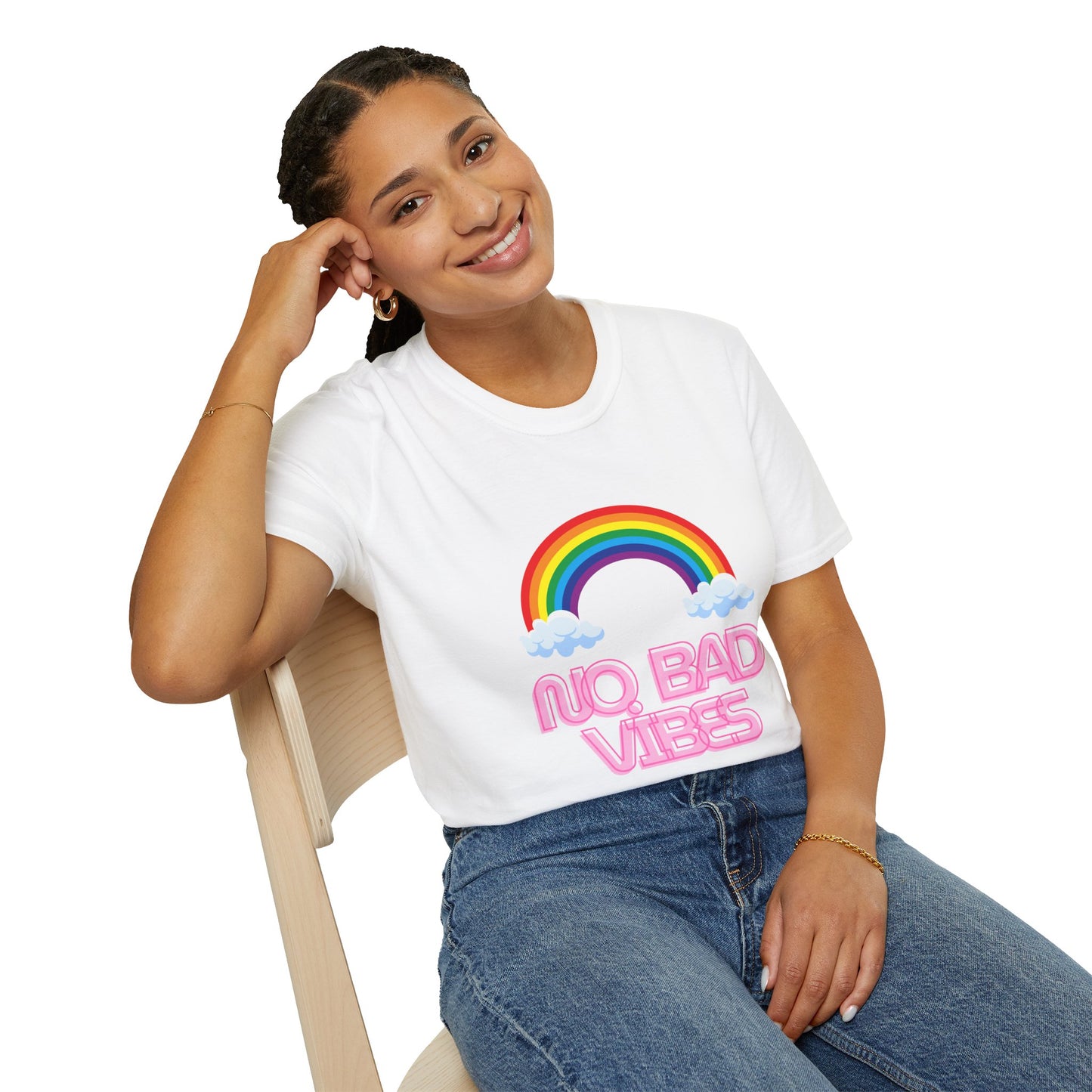 No Bad Vibes Rainbow T-Shirt – Spread Positivity in Style White