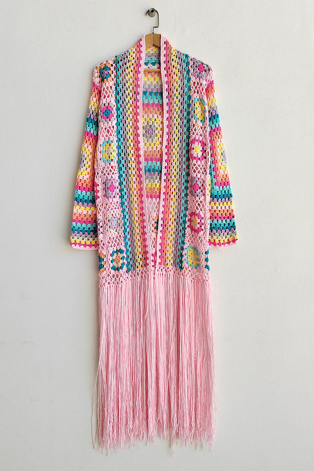 Fringe Tied Long Sleeve Cardigan Blush Pink