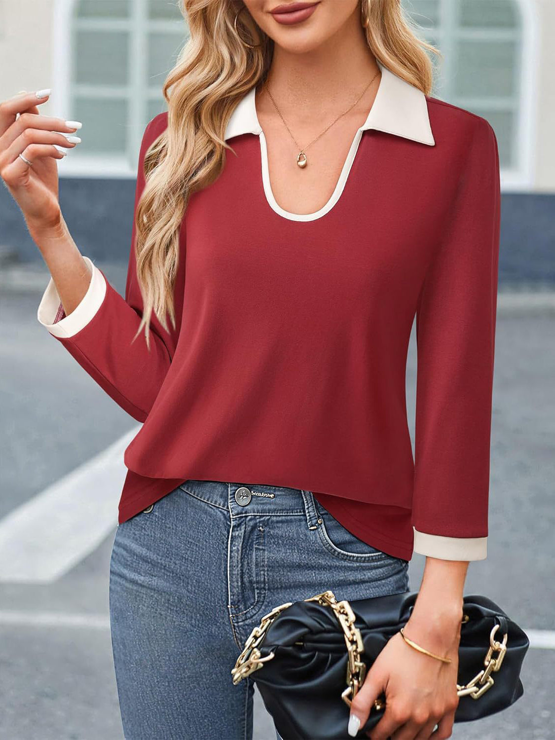 Contrast Collared Neck Long Sleeve Top Rust