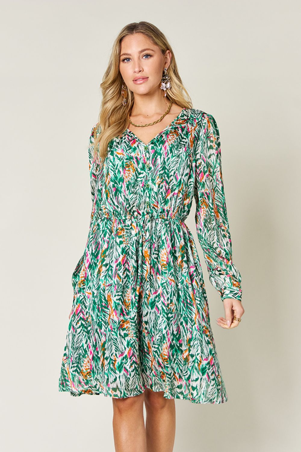 Printed Long Sleeve Drawstring Dress Teal