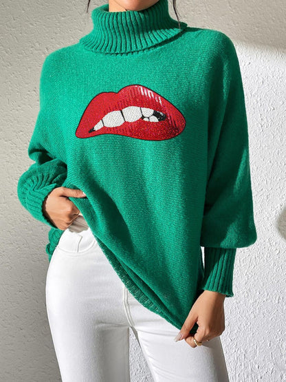 Lip Turtleneck Long Sleeve Sweater Green