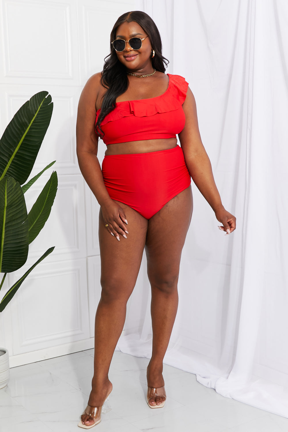 Red Ruffle One-Shoulder High-Waisted Bikini