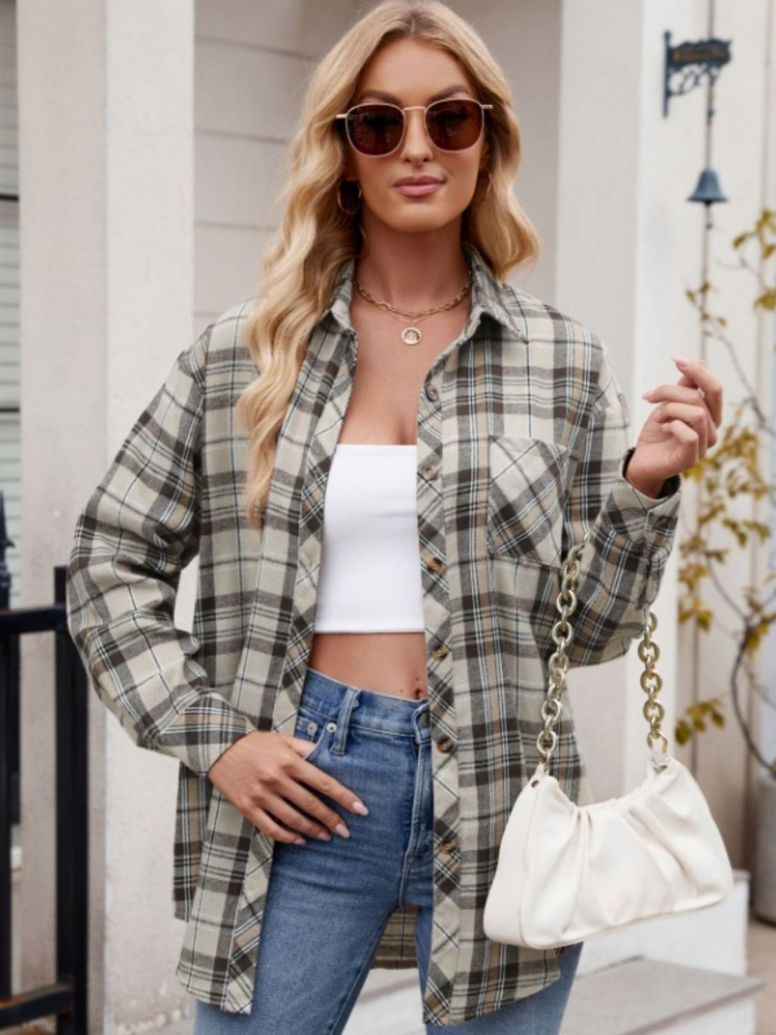 Pocketed Plaid Collared Neck Long Sleeve Shirt