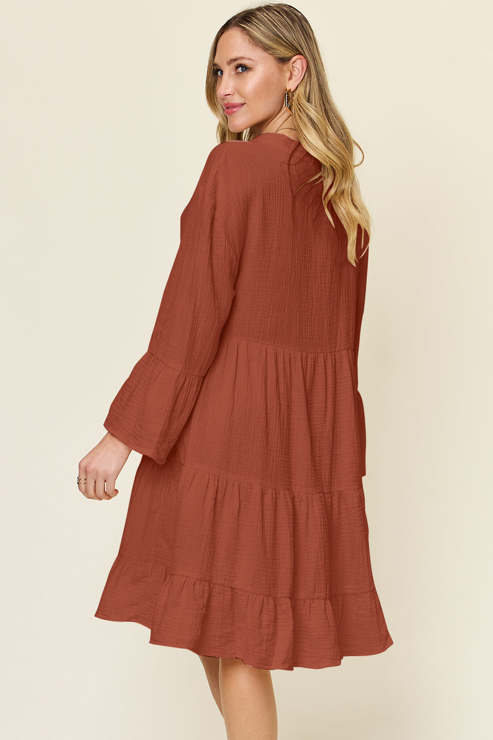 Textured Button-Down Ruffle Hem Dress